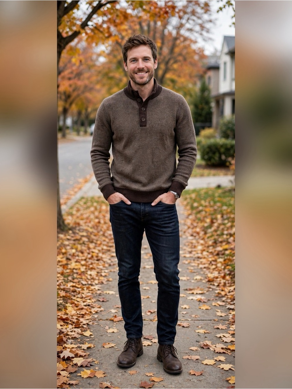 Untuckit Mens Merino Wool Henley Mock Neck Sweater Brown L Fits M